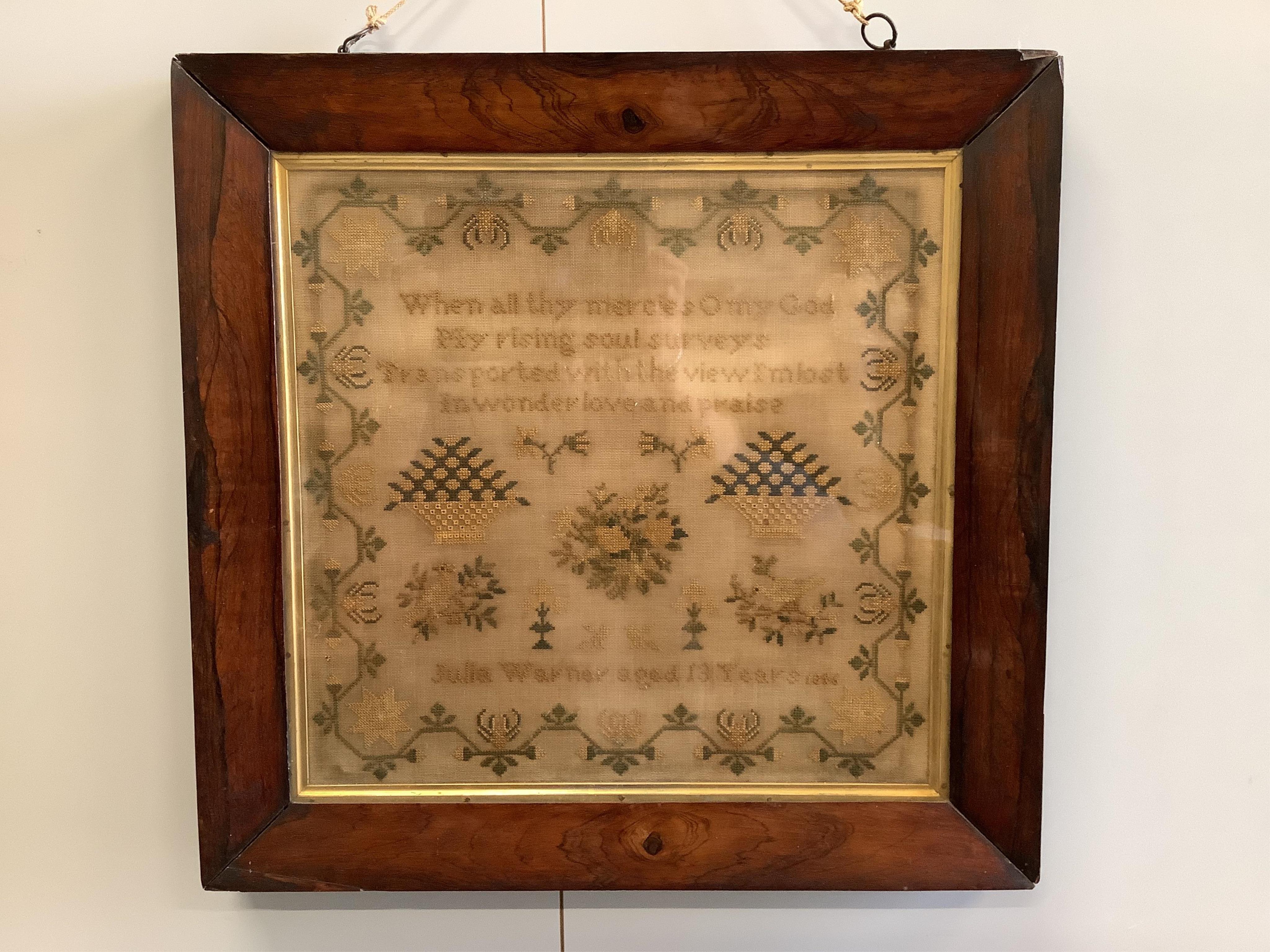 Two Victorian framed samplers; a large colourful floral sampler with short verse by Mary Burton 1862 and a smaller sampler by Julia Warner aged 13, dated 1846?, large 1862 sampler 59cm wide x 61cm high. Condition - large